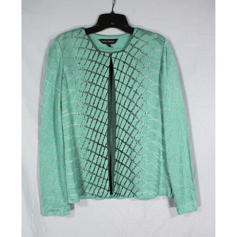 MING WANG Green w/Black STRIPED Hook & Eye KNIT SWEATER CARDIGAN TOPPER Sz S